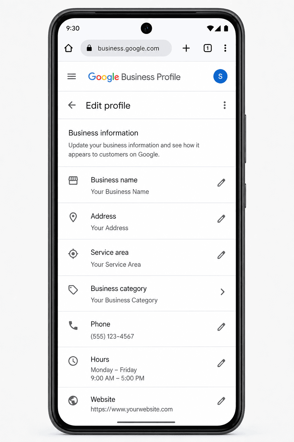 Google Business Profile edit screen
